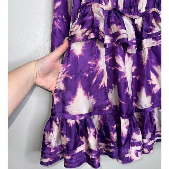 Ulla Johnson Emery Tie-Dyed Ruffle Trim Silk Mini Dress Purple/White Size 0 - Picture 7 of 10